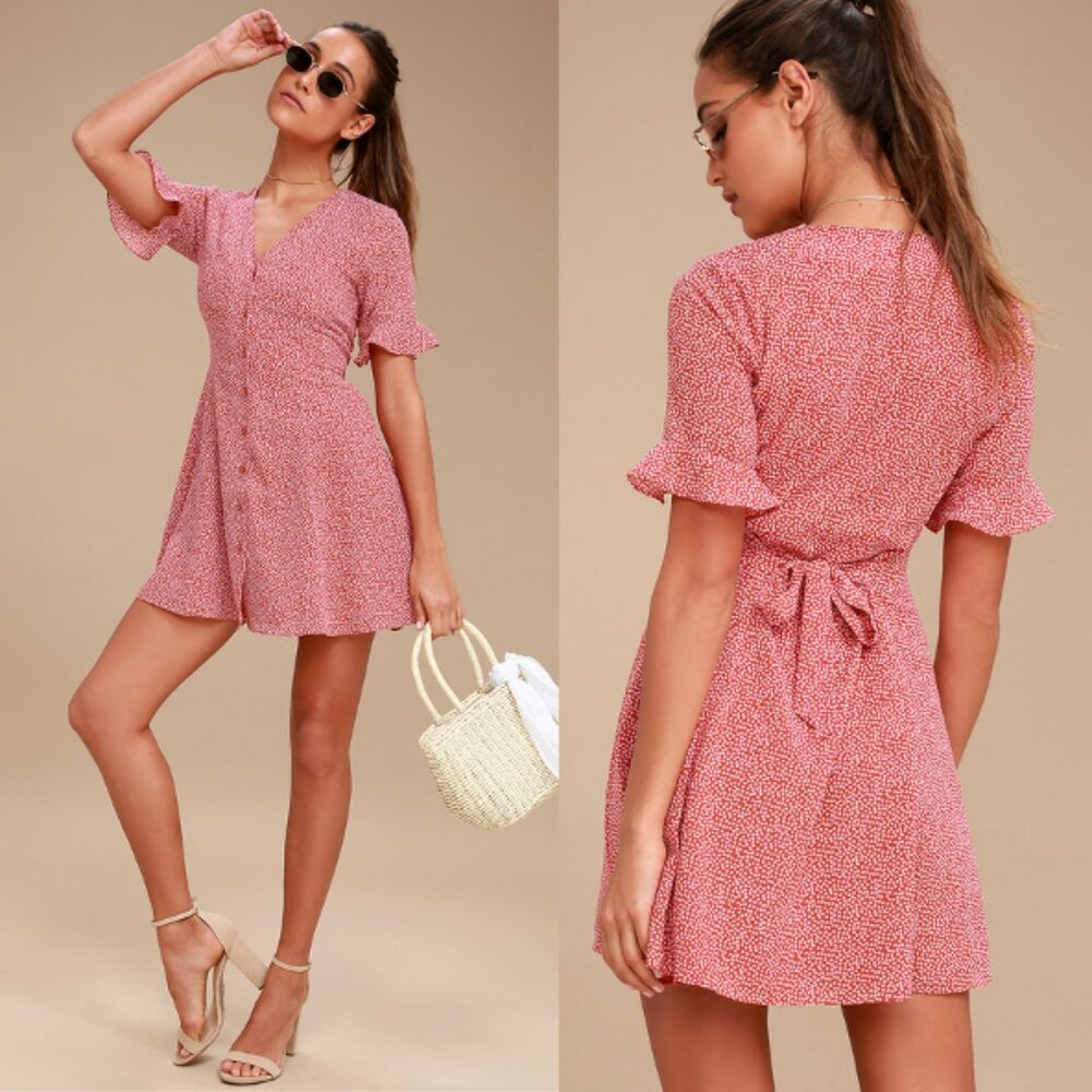 NWT LULUS Castana Rust Red Print Button-Up Mini Micro-Print Dress Size XL